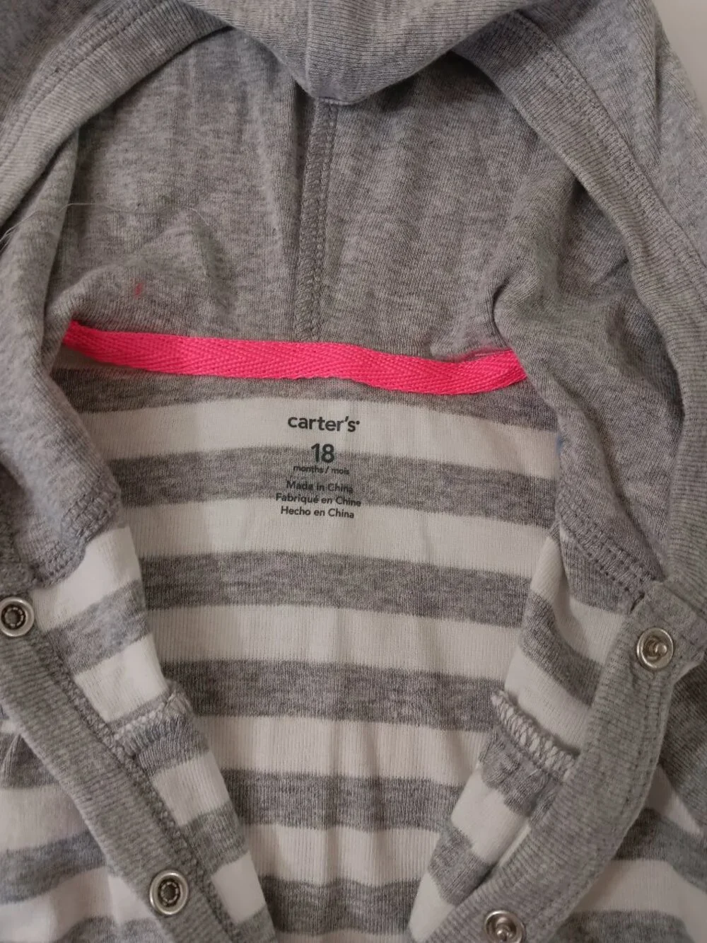 Cozy Carter's 18 Months Hooded Striped Romper Jumpsuit Grey and White Pink Snaps